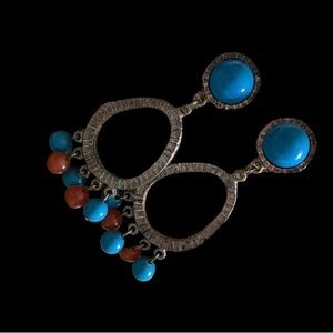 Turquoise Blue Orange Silver Tone Clip On Dangle Earrings Vintage Jewelry